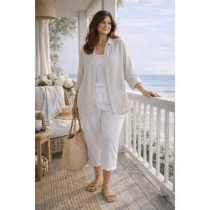 Liz Claiborne White Linen Blend Wide Leg Pant XXL Drawstring Elastic Waist Beach